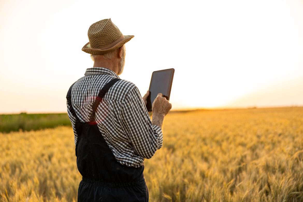 Portrait of Farmer with Tablet at Sunset