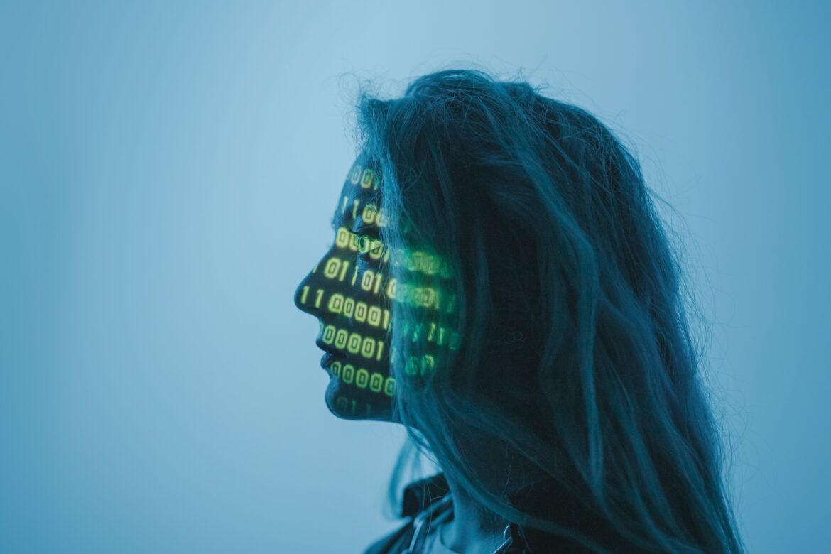 A woman with number code on her face while looking afar