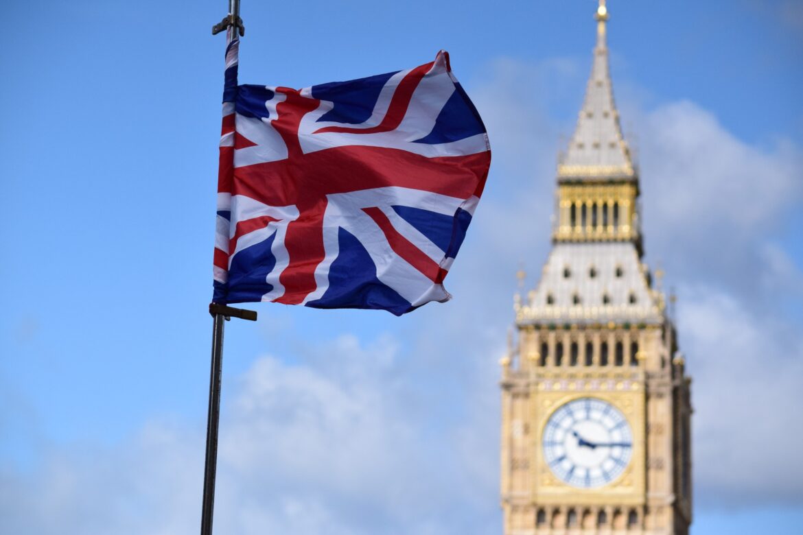 Union jack flag with big ben in background