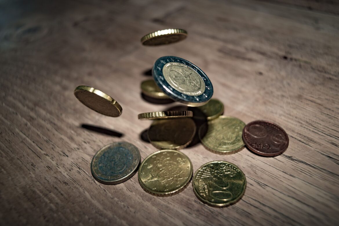 Close up of coins on table