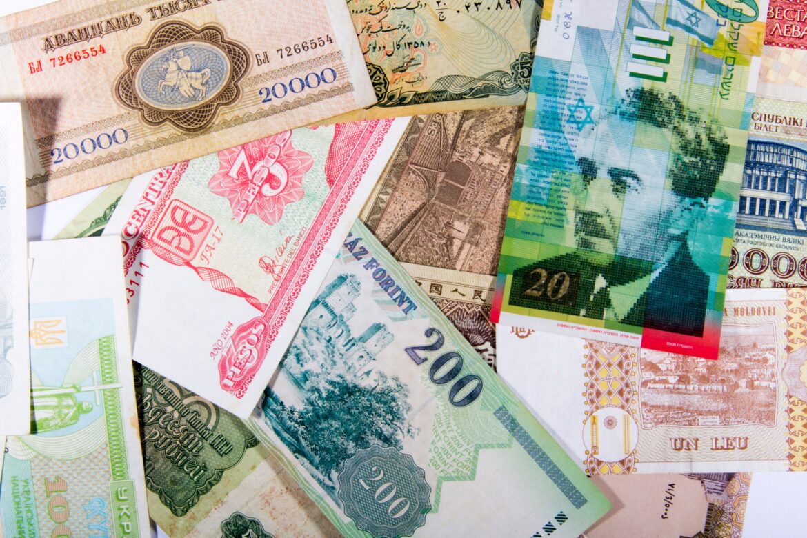 Assorted global currencies collage