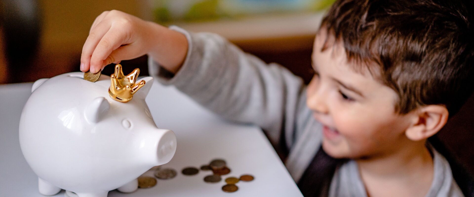 Boy in gray long sleeve shirt putting coins in a piggy bank