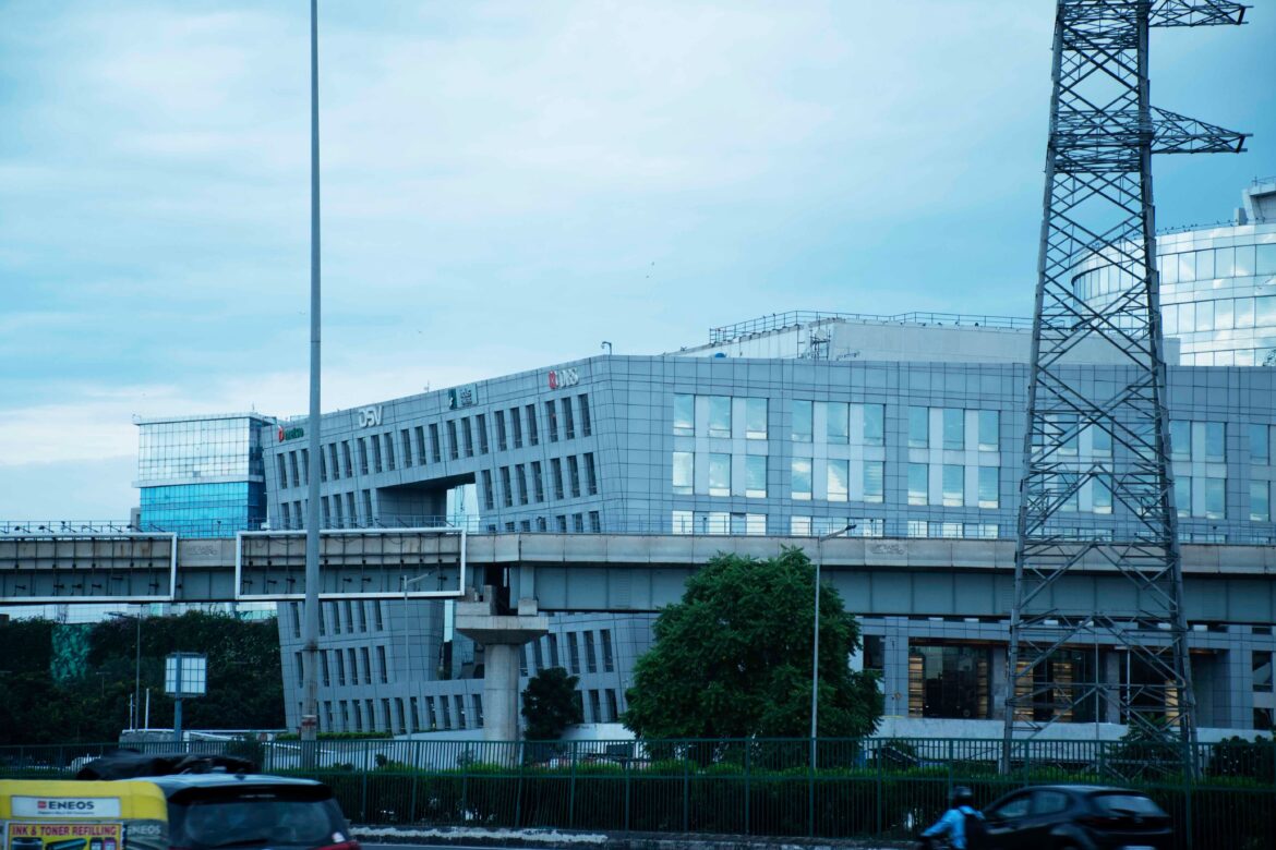 Modern building facade with a sky bridge