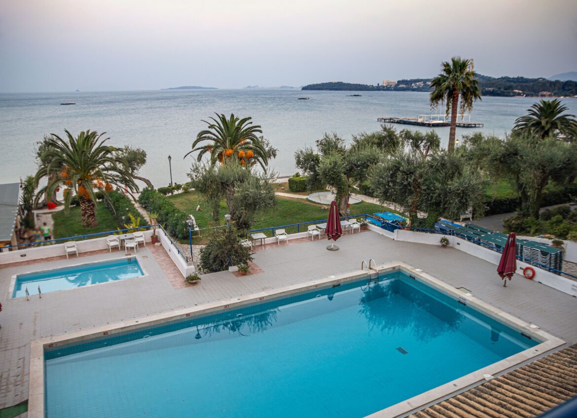 Swimming pools near palm trees